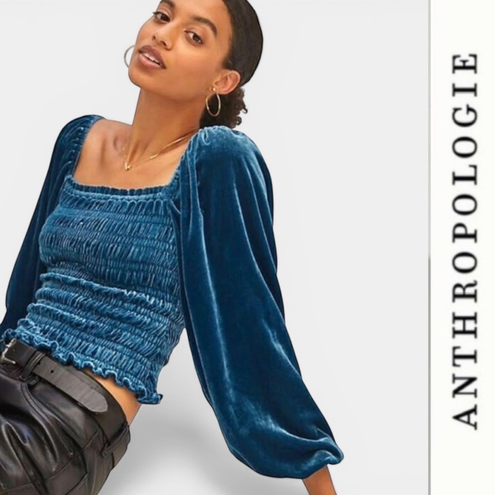 Anthropologie Teal Velvet Smocked Puff Sleeved Blouse, Size XXSP, MSRP $138